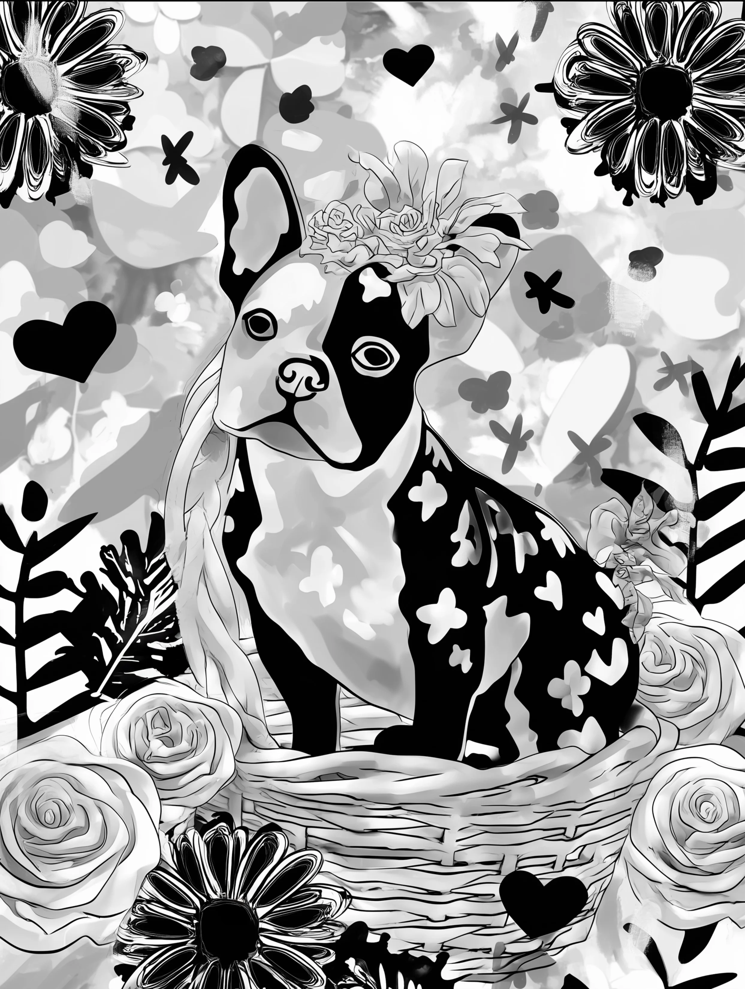 Free printable french bulldog coloring page featuring a bulldog by the side of a basket